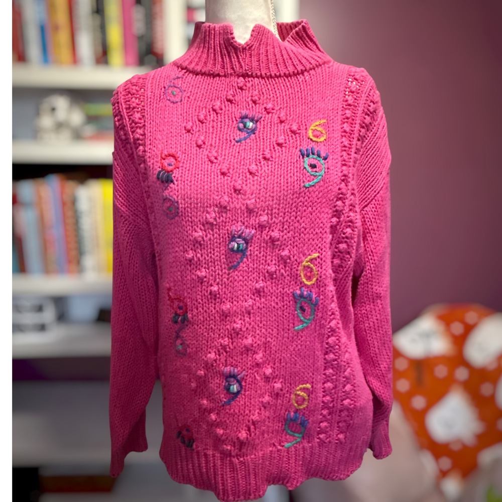 Vintage Diane Von Furstenberg Pink Embroidered Eye Popcorn Knit Sweater Large